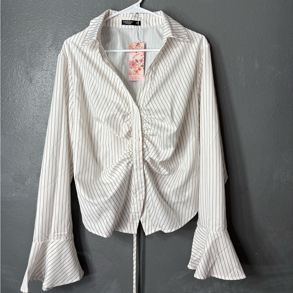 White Shirt with Brown Stripes Long Sleeve